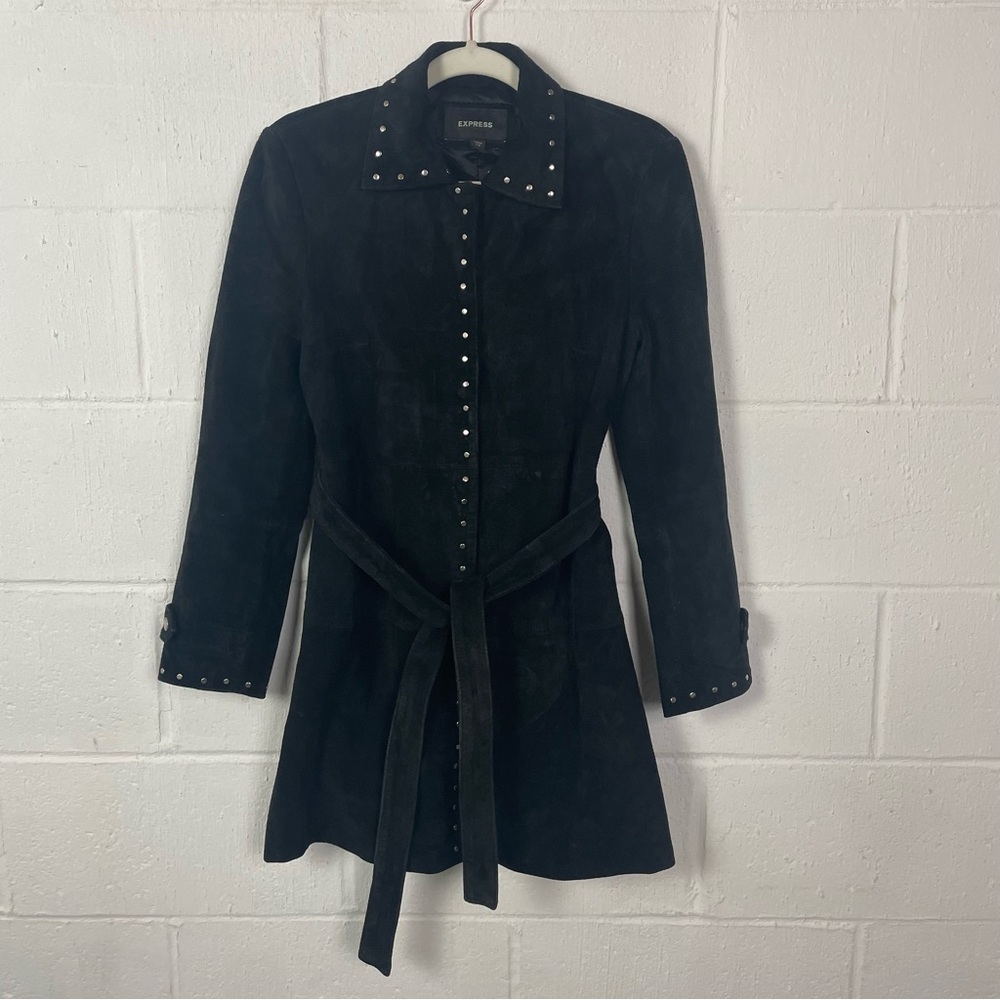Express Belted Black Suede Jacket Snap Up Silver Stud Details‎ Rocker Baddie 1/2